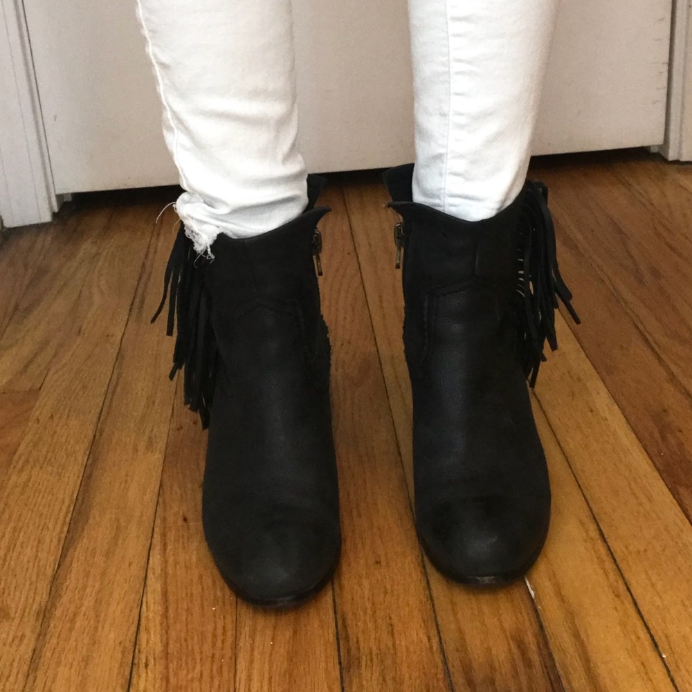 Black leather fringe booties